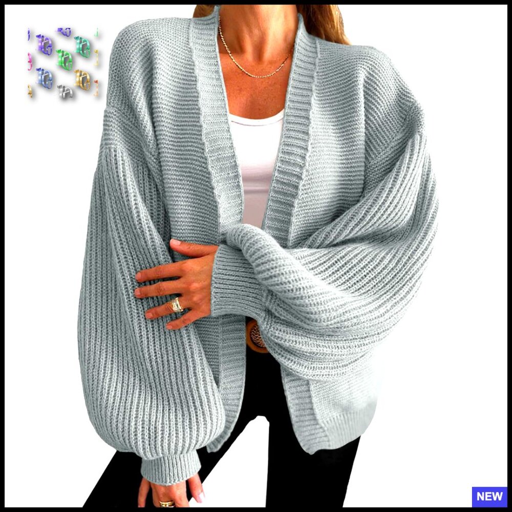 Oversized Chunky Knit Cardigan Lantern Sleeves Open Front Trendy Sweater